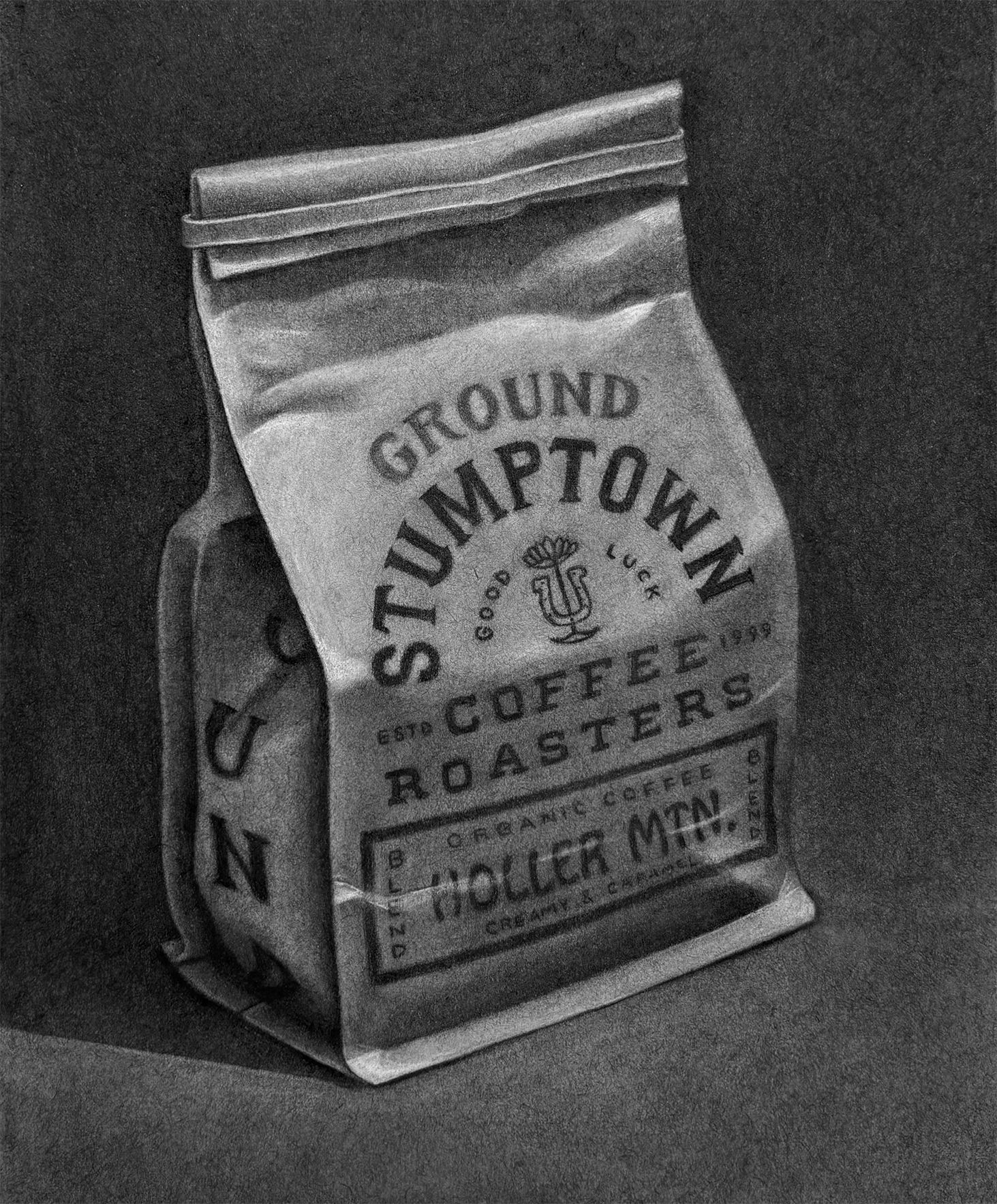 detailed charcoal illustration of a Stumptown Coffee Roasters bag